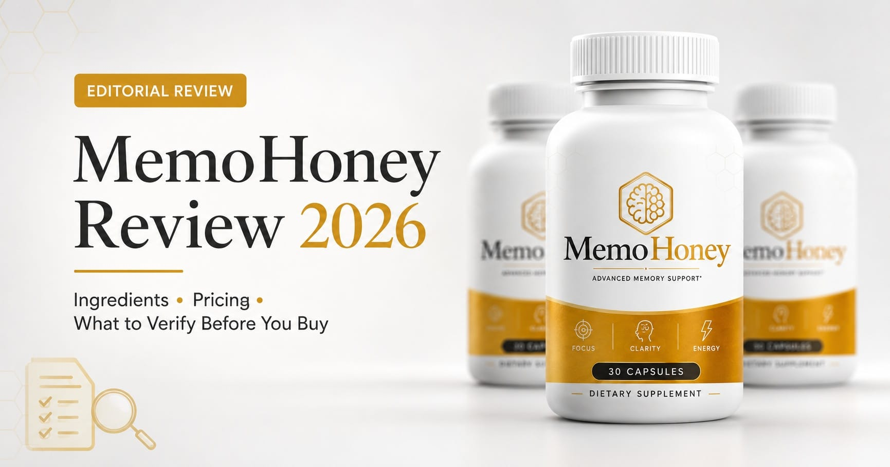 MemoHoney Capsules review 2026 editorial banner with three supplement bottles